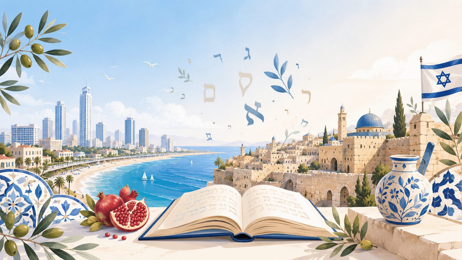 Illustration of the Tel Aviv coastline, the old city of Jaffa, and an open Hebrew book