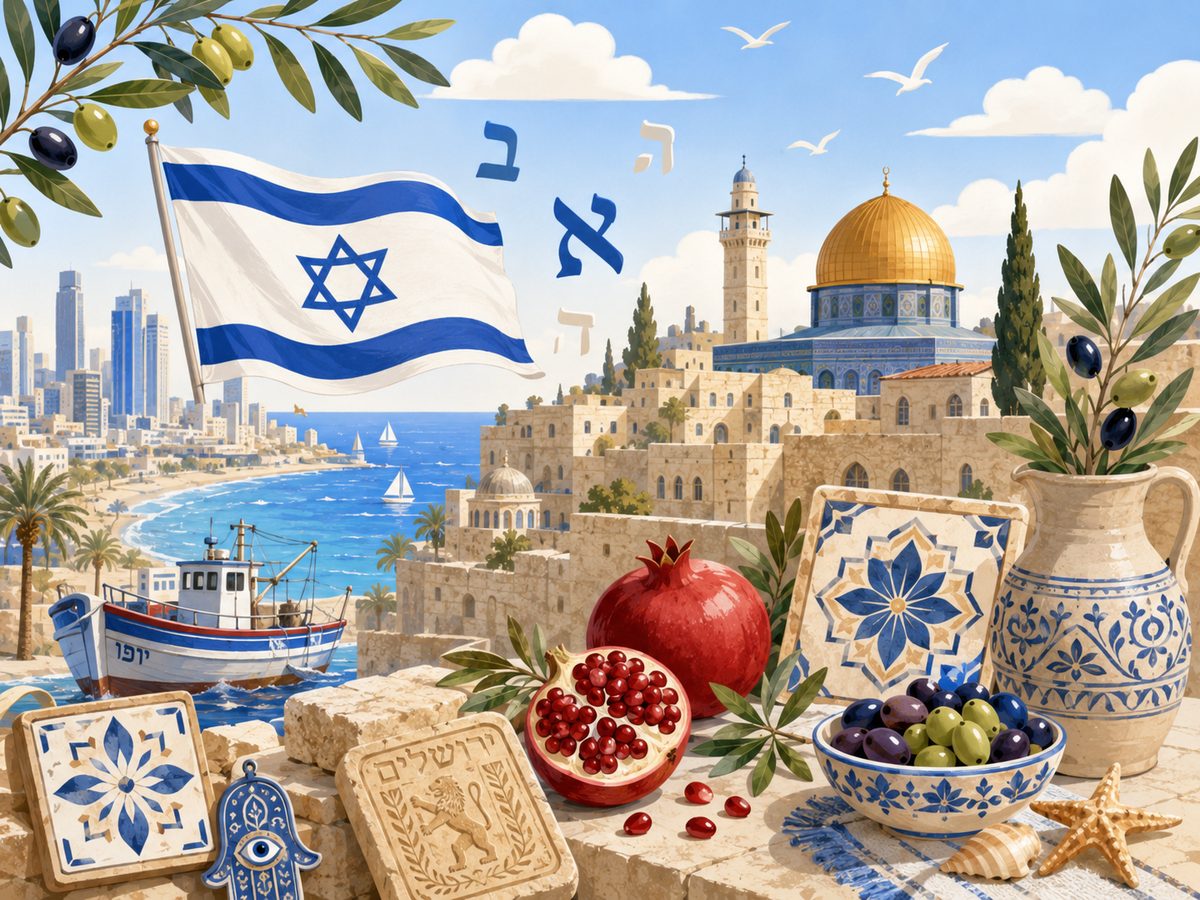Painted collage of Israeli motifs — the flag, Jaffa's old city, pomegranates, olives, and tilework